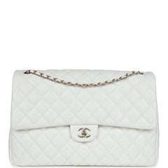 Chanel XXL Classic Single Flap Bag White Shiny Caviar Light Gold Hardware